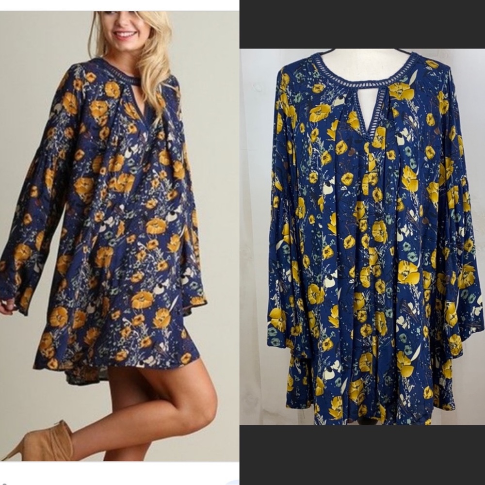 Umgee yellow flowers bell sleeves crochet neck line dress extra large